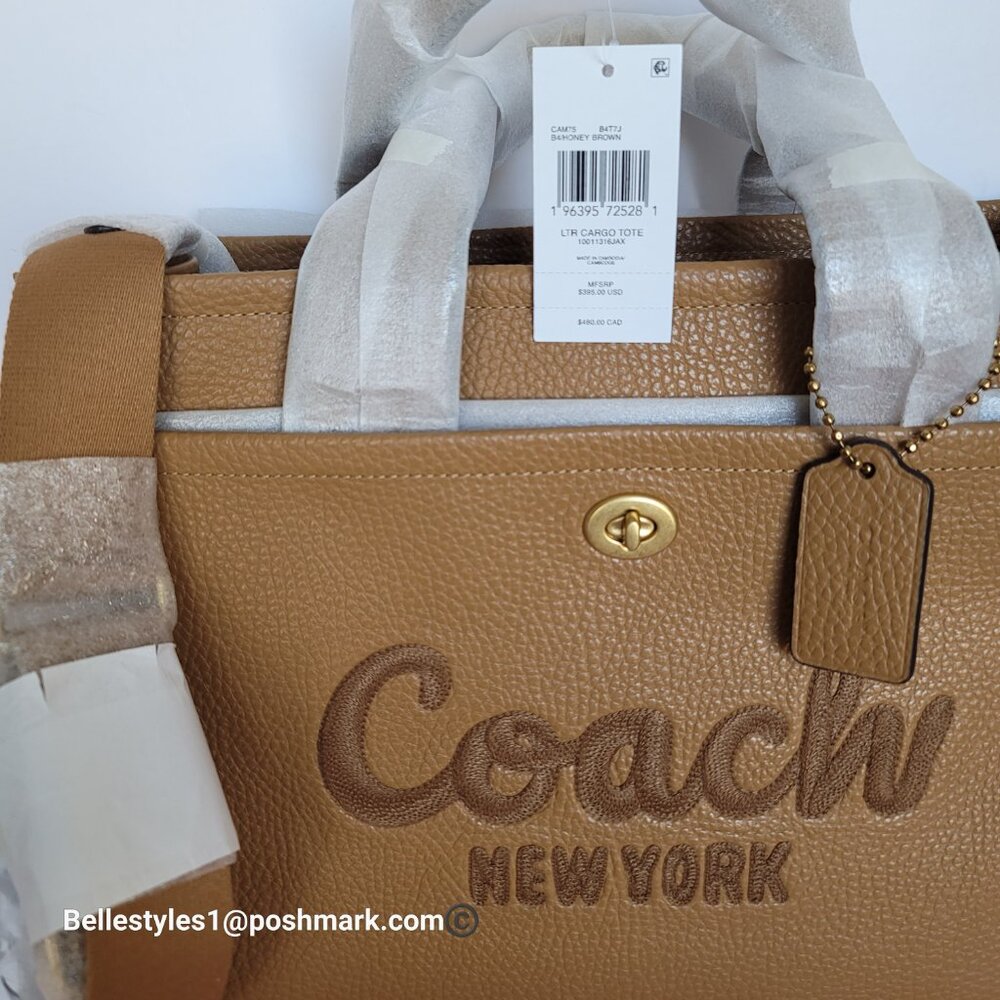 COACH Bubble Leather Cargo MEDIUM Tote w Webbing Strap- Honey Brown⭐ - Picture 15 of 16